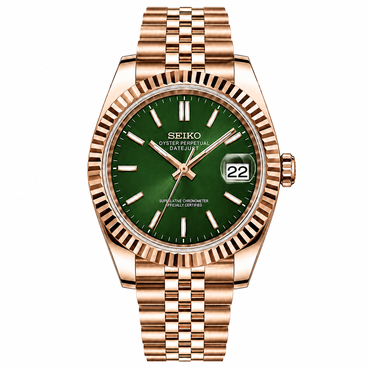 SEIKOJUST ROSEGOLD GREEN STICK JUBILEE